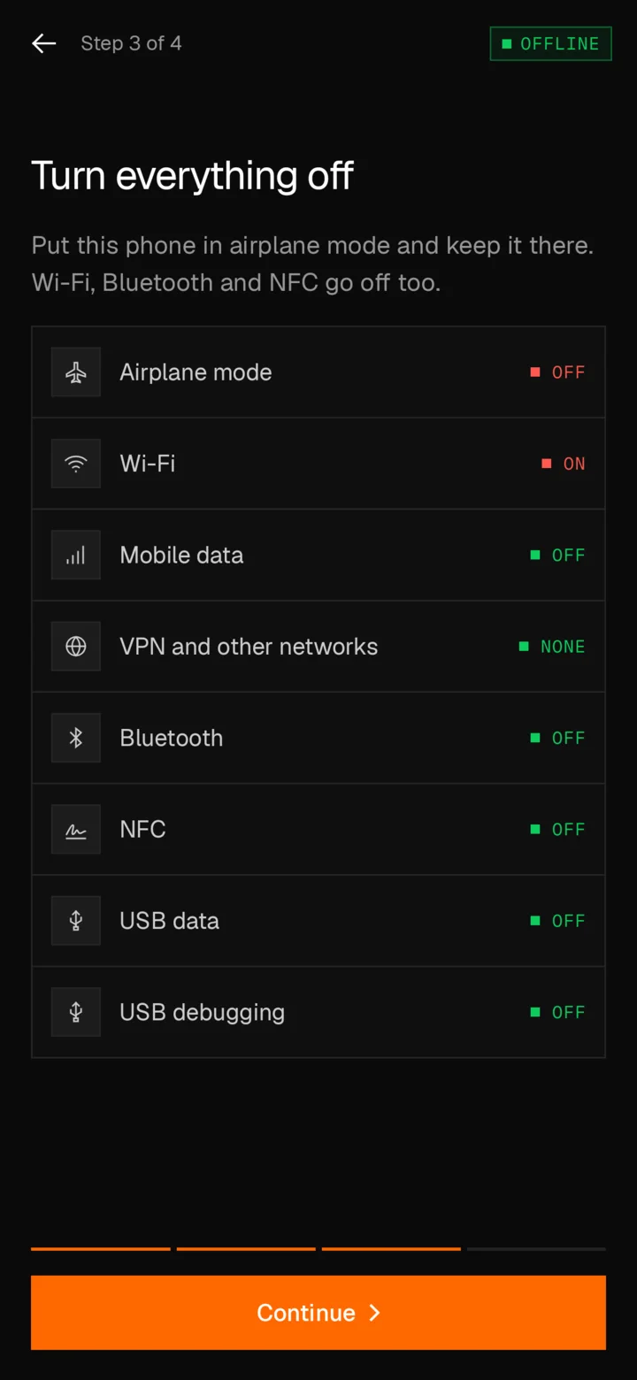 Turn everything off, on Android, step 3 of 4: airplane mode, Wi-Fi, mobile data, VPN and other networks, Bluetooth, NFC, USB data and USB debugging, each with its state. Wi-Fi is still on.