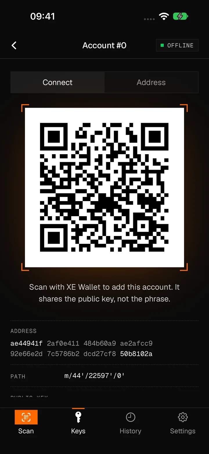Account #0's code: a QR code to scan with XE Wallet to add the account. It shares the public key, not the phrase. Below it the account's address and derivation path.