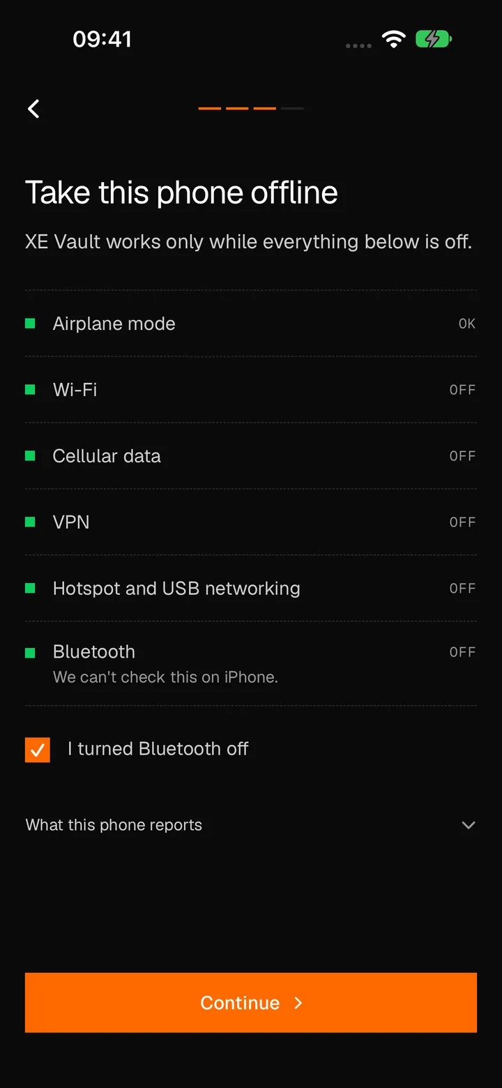 Take this phone offline: airplane mode on, and Wi-Fi, cellular data, VPN, hotspot and USB networking and Bluetooth off. Bluetooth can't be checked on iPhone, so a box reads I turned Bluetooth off.