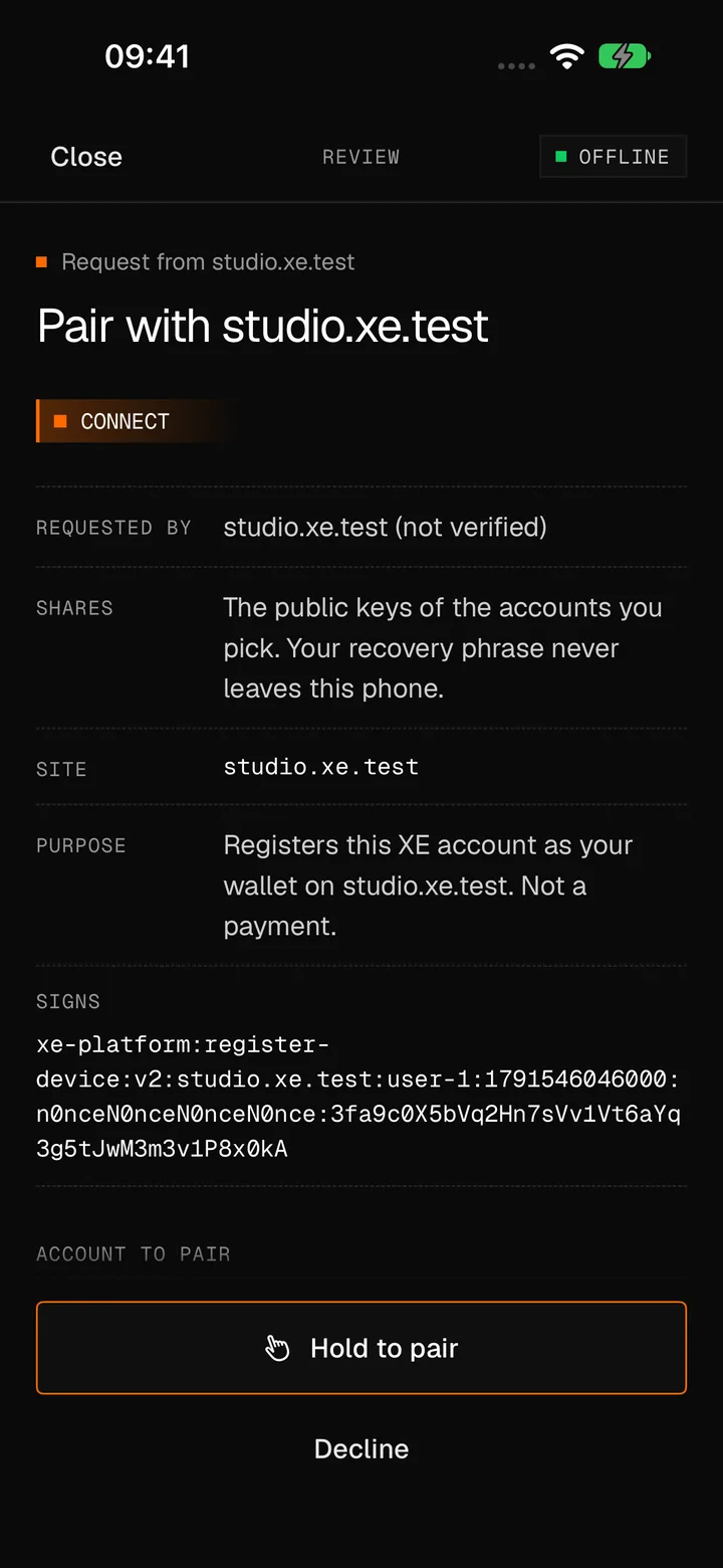 Pair with studio.xe.test: requested by studio.xe.test, marked not verified; it shares the public keys of the accounts you pick and your recovery phrase never leaves the phone; the exact text it signs; Hold to pair.