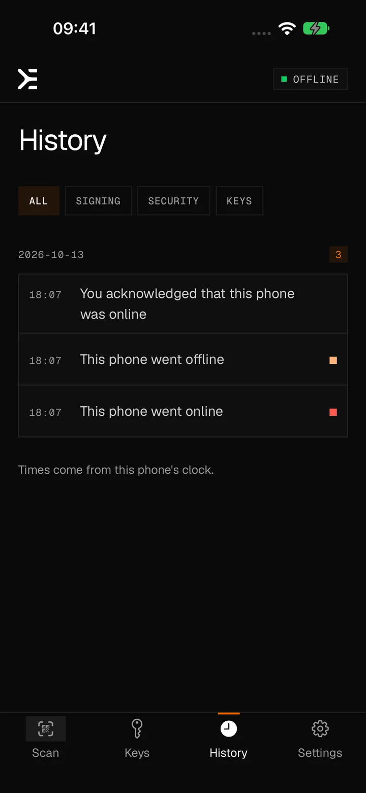 History, filtered by all, signing, security and keys: you acknowledged that this phone was online, this phone went offline, this phone went online. Times come from this phone's clock.