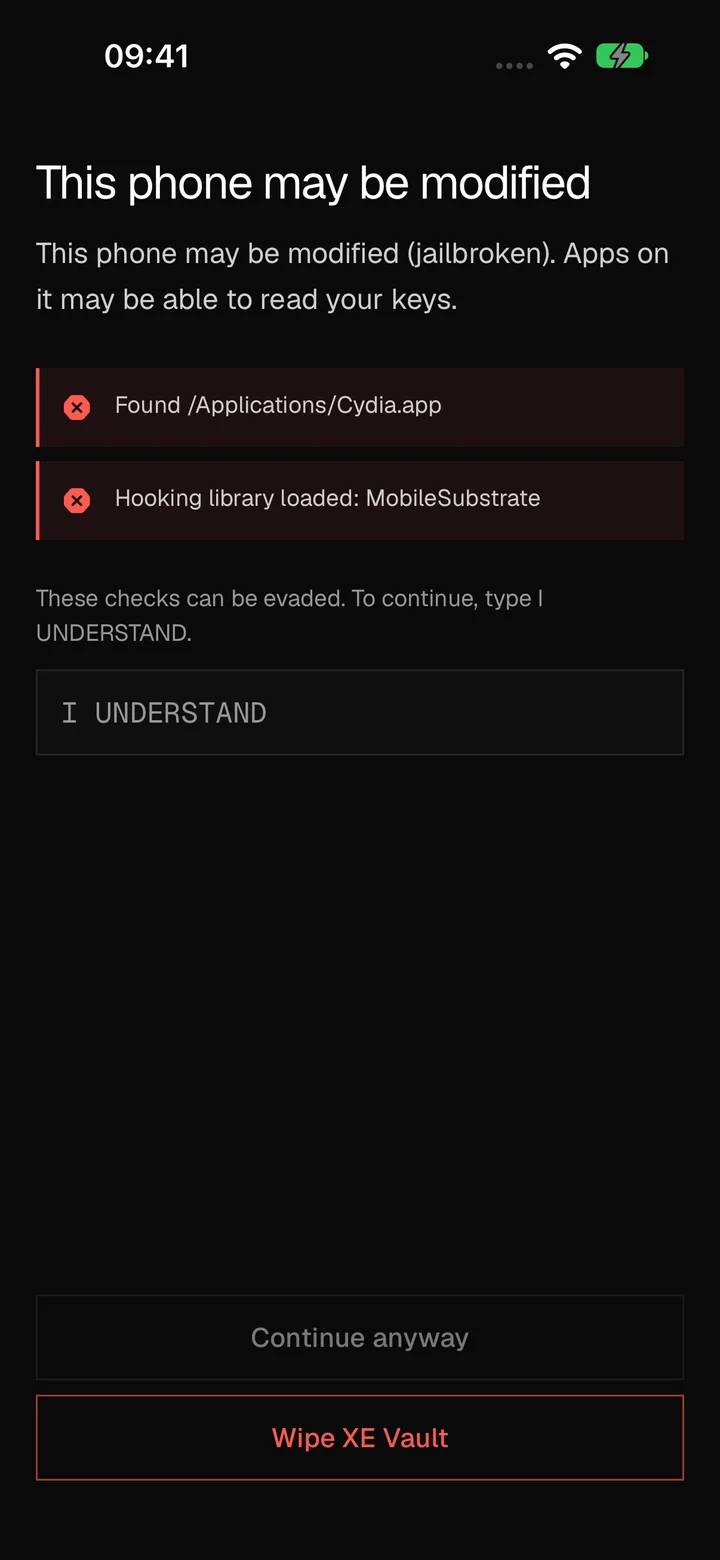 This phone may be modified: apps on it may be able to read your keys. Two findings are listed, and going on needs I UNDERSTAND typed out; Wipe XE Vault is the other choice.