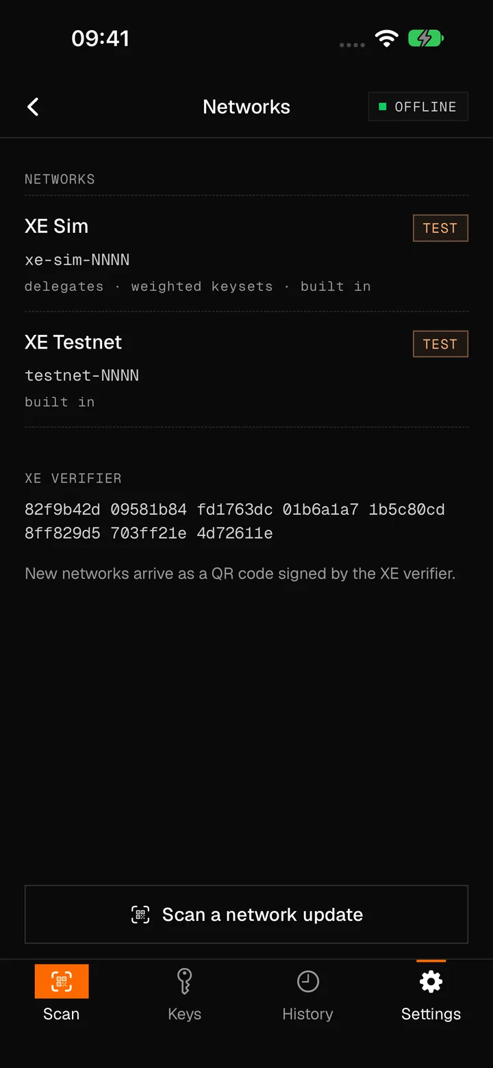 Networks: XE Sim and XE Testnet, both test networks built in, the XE verifier's key, a note that new networks arrive as a QR code signed by the XE verifier, and Scan a network update.