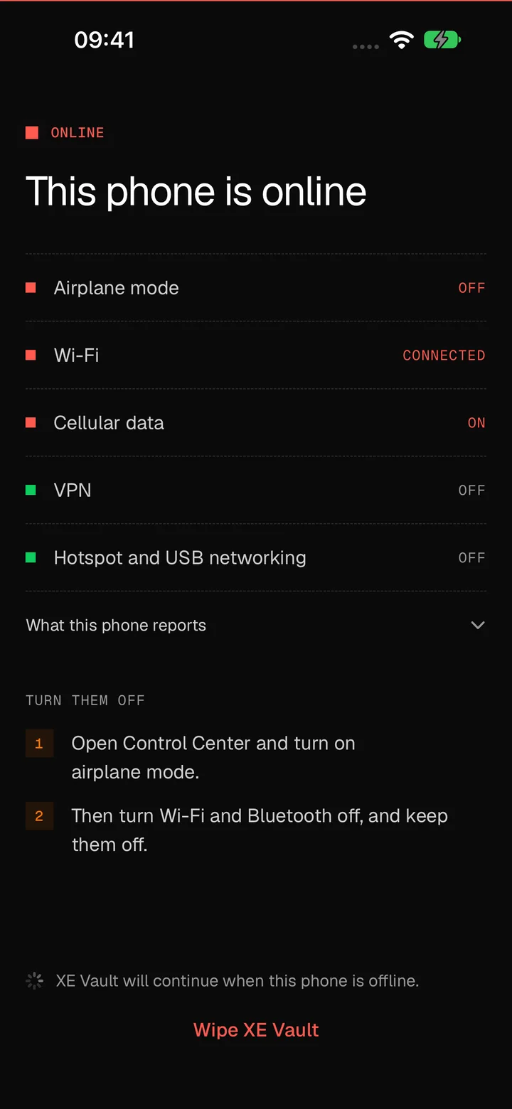 This phone is online: a screen over the whole app listing airplane mode off, Wi-Fi connected and cellular data on, the steps to turn them off, and that XE Vault will continue when the phone is offline.