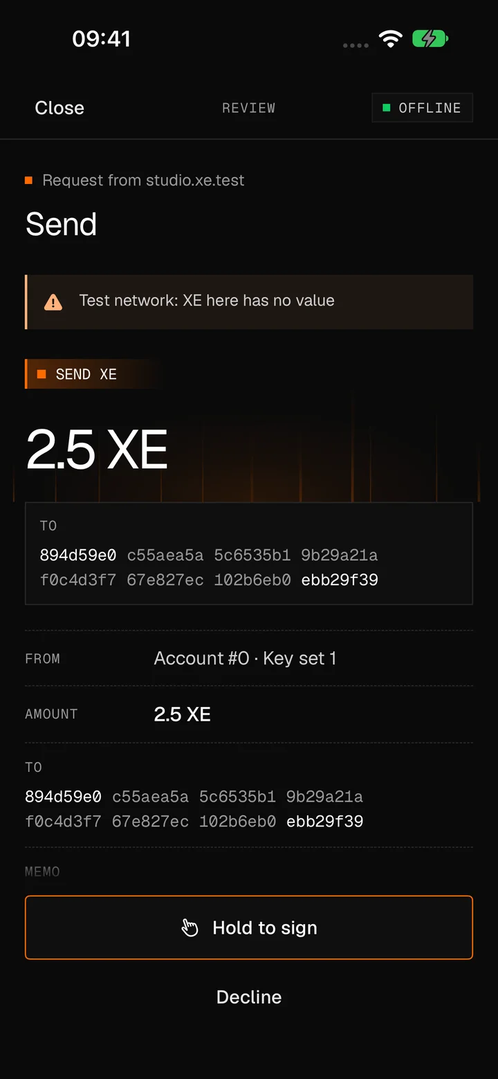 XE Vault on iPhone, offline, reviewing a request from studio.xe.test: send 2.5 XE, a note that XE on this test network has no value, the full address it goes to, the account and the amount, with Hold to sign and Decline.