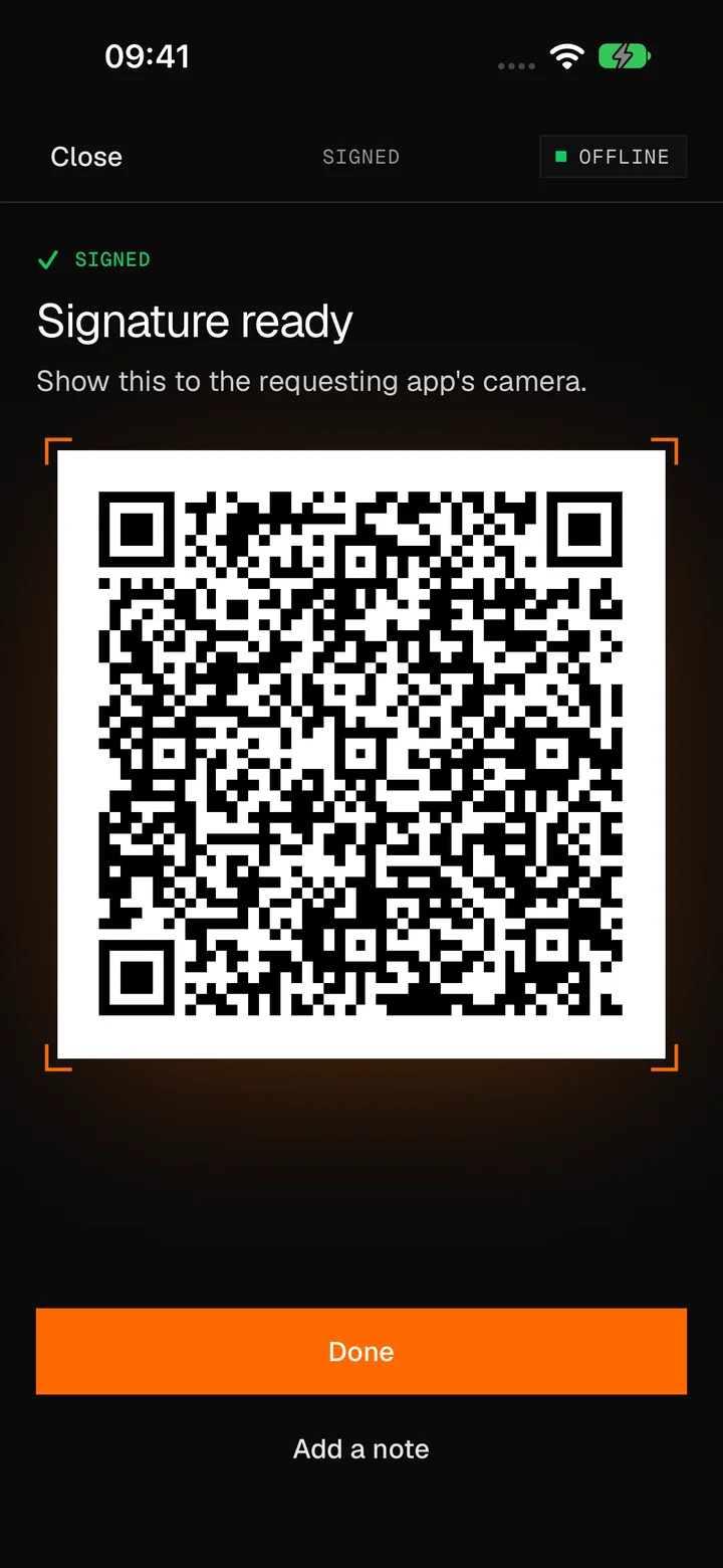 Signature ready: show this to the requesting app's camera, a QR code with the signature, Done and Add a note.