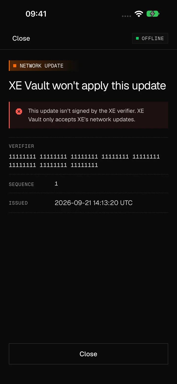 XE Vault won't apply this update: it isn't signed by the XE verifier, and XE Vault only accepts XE's network updates. The verifier, sequence and issue date are shown.
